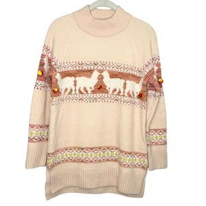 Anthropologie Sweater Womens XS Cream Llama Fair Isle Mock Neck Wool Alpaca